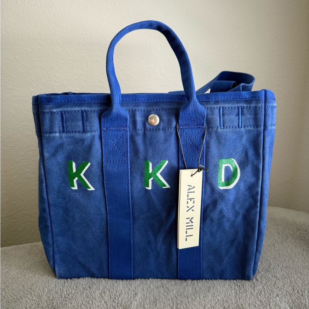 Alex Mill Cobalt Blue Canvas Tote with Green and White initials